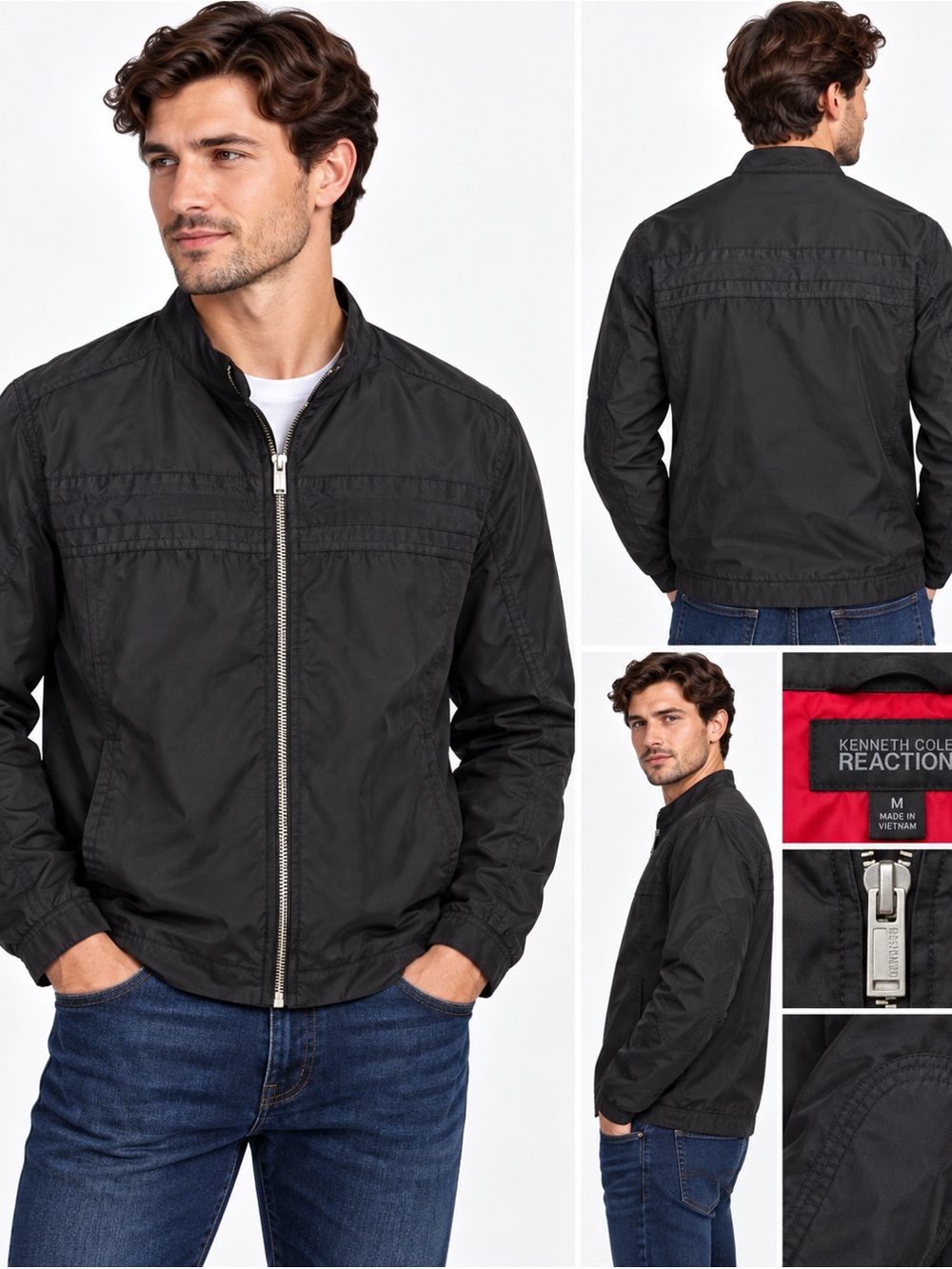 Kenneth Cole Reaction Black Moto Racer Jacket Red Lining Sz M